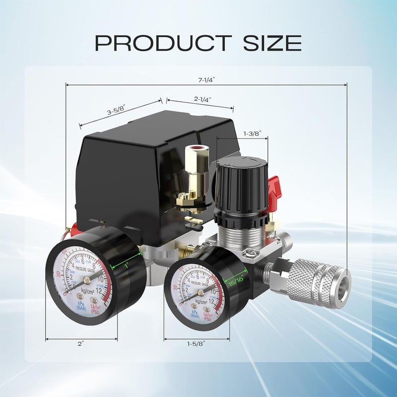 cnaodun Air Compressor Pressure Switch Control Valve, 90-120 PSI Air Compressor Switch Equips Four-Port Pressure Regulator Gauge 1/4 NPT Thread - Image 2